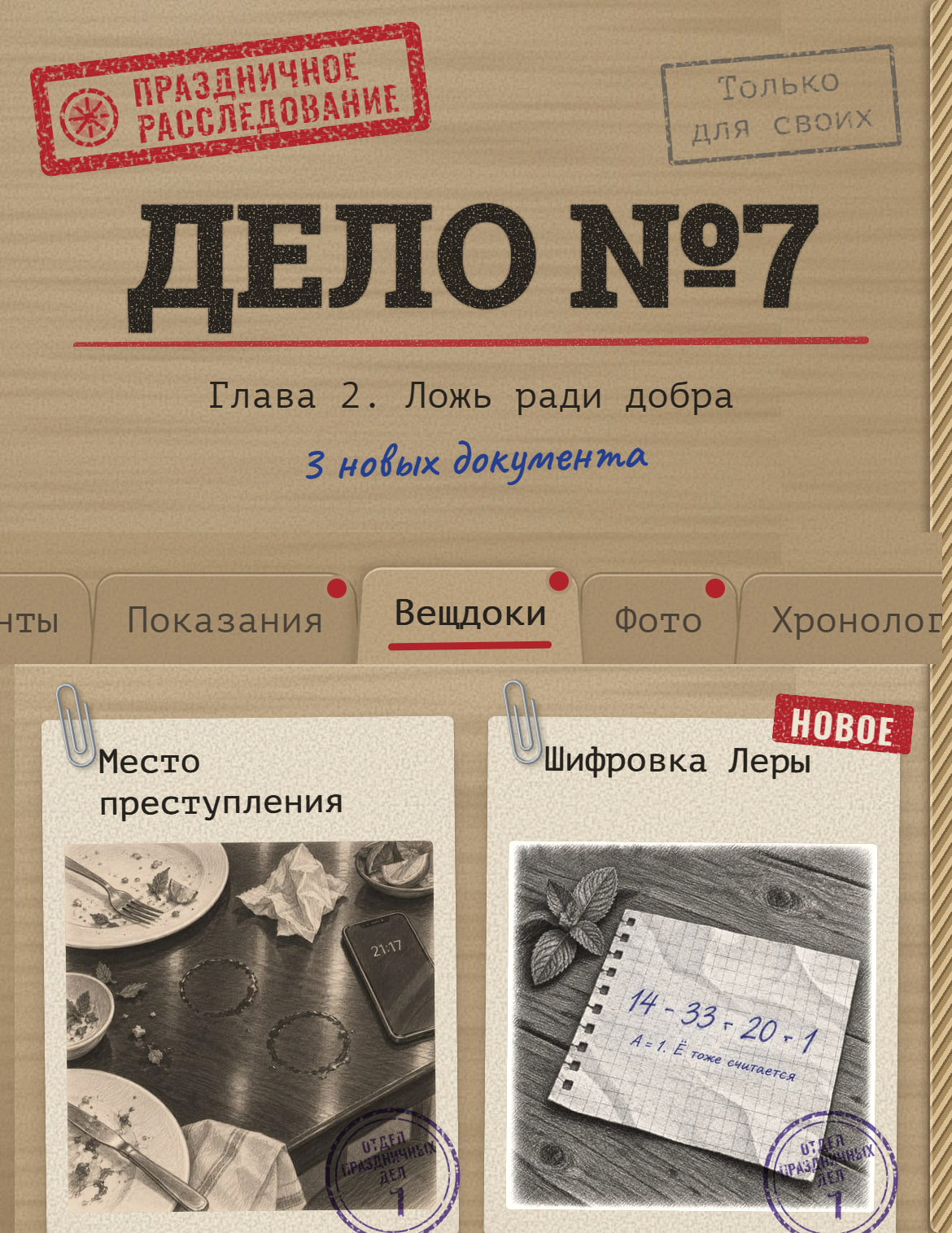 Папка дела, вкладка «Вещдоки»: место преступления и шифровка с пометкой «новое»