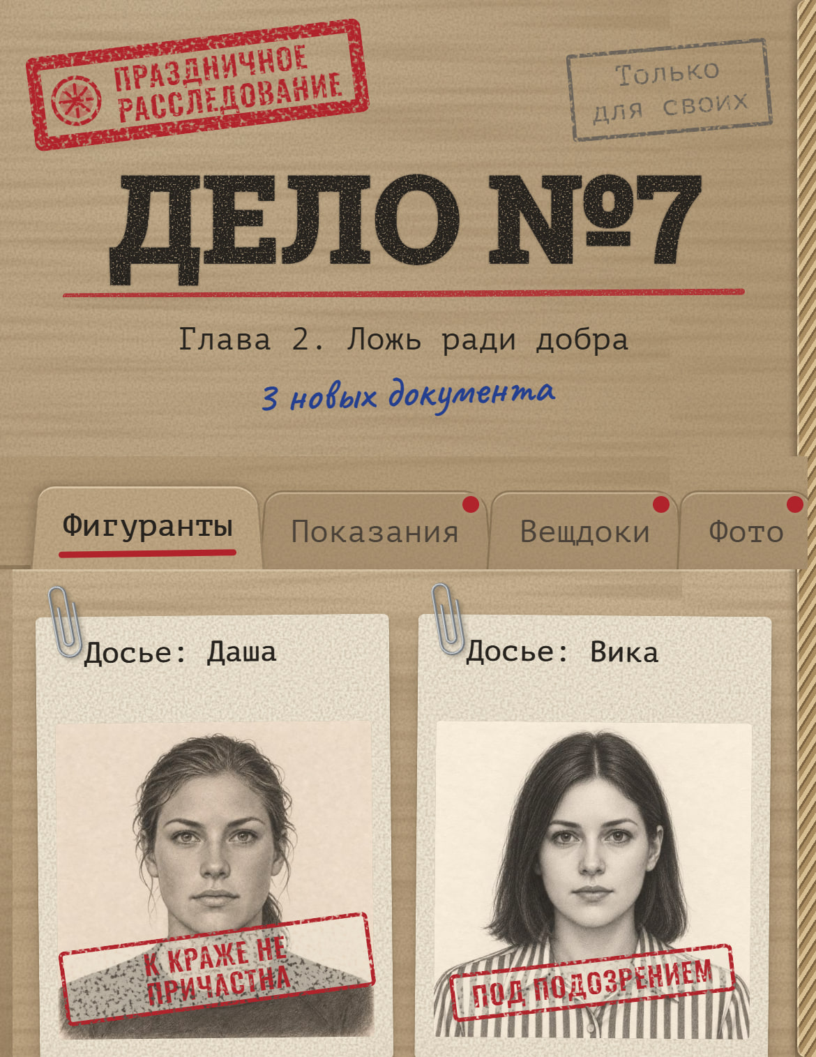 Папка дела, вкладка «Фигуранты»: досье со штампами статуса
